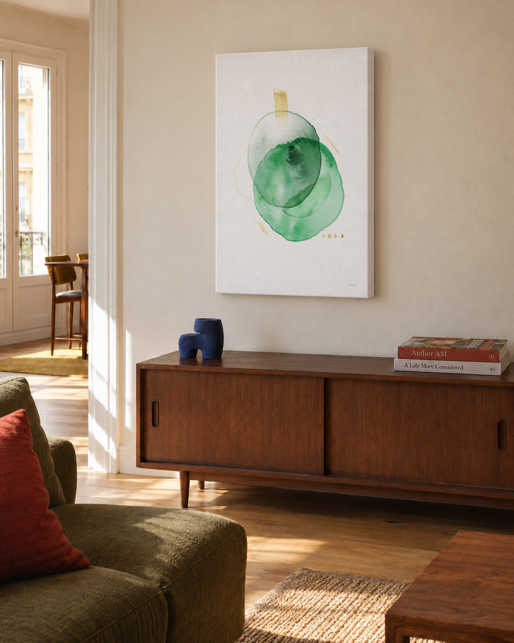 GIROS EN VERDE Y ORO - Unframed canvas in an interior