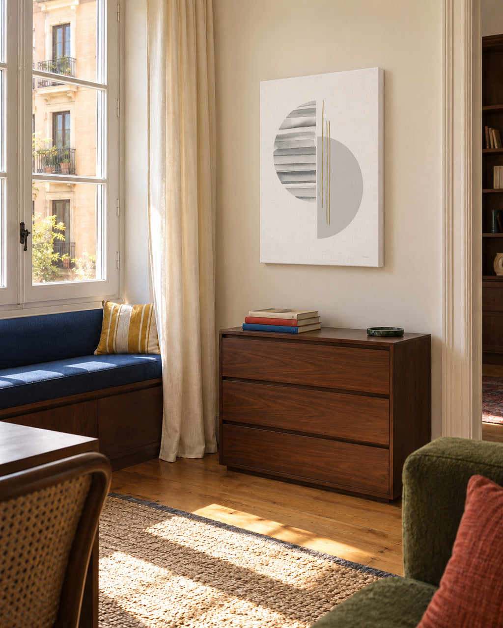 Horizontal lines with gold - Unframed canvas in an interior