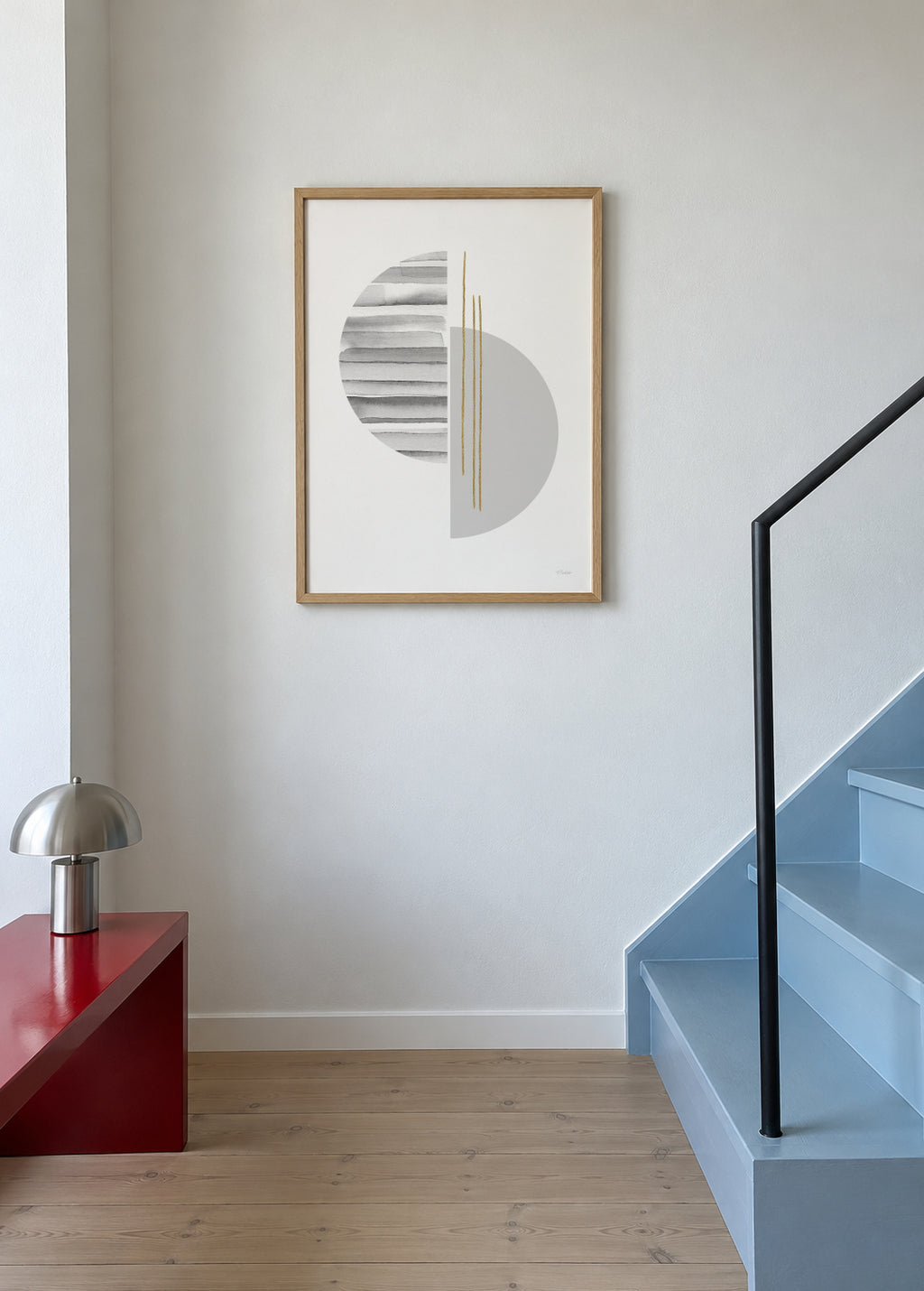 Horizontal lines with gold - Framed poster in an interior