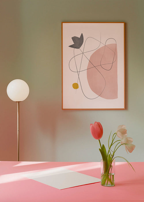 Abstracte kunst met roze vorm en lijnstreek