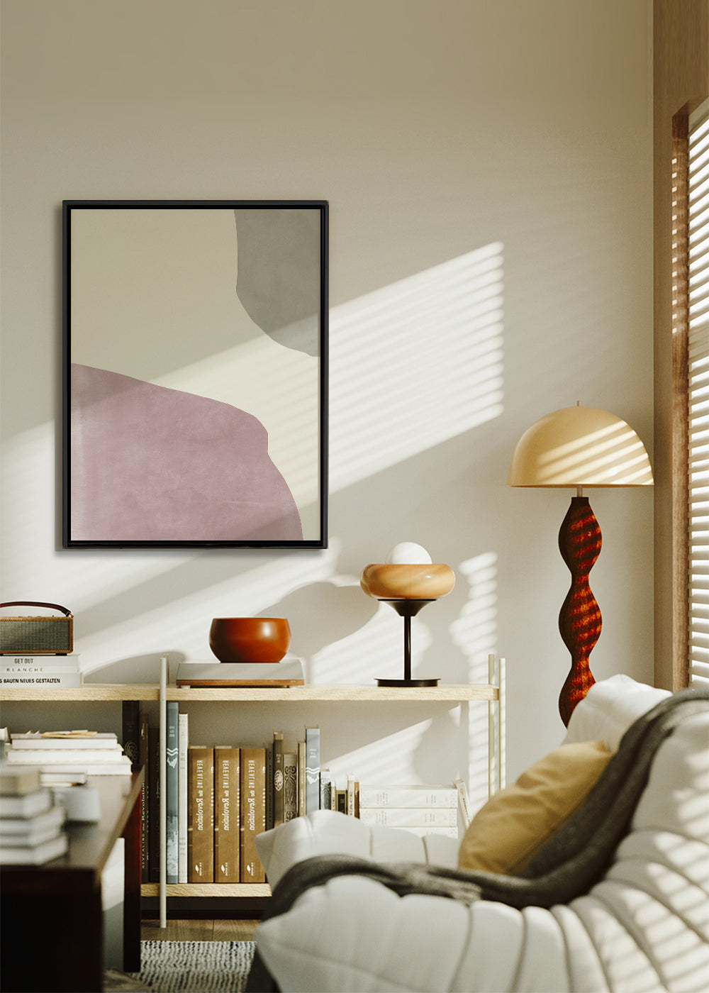 Abstracte kunst in pastelroze en zachtgrijs