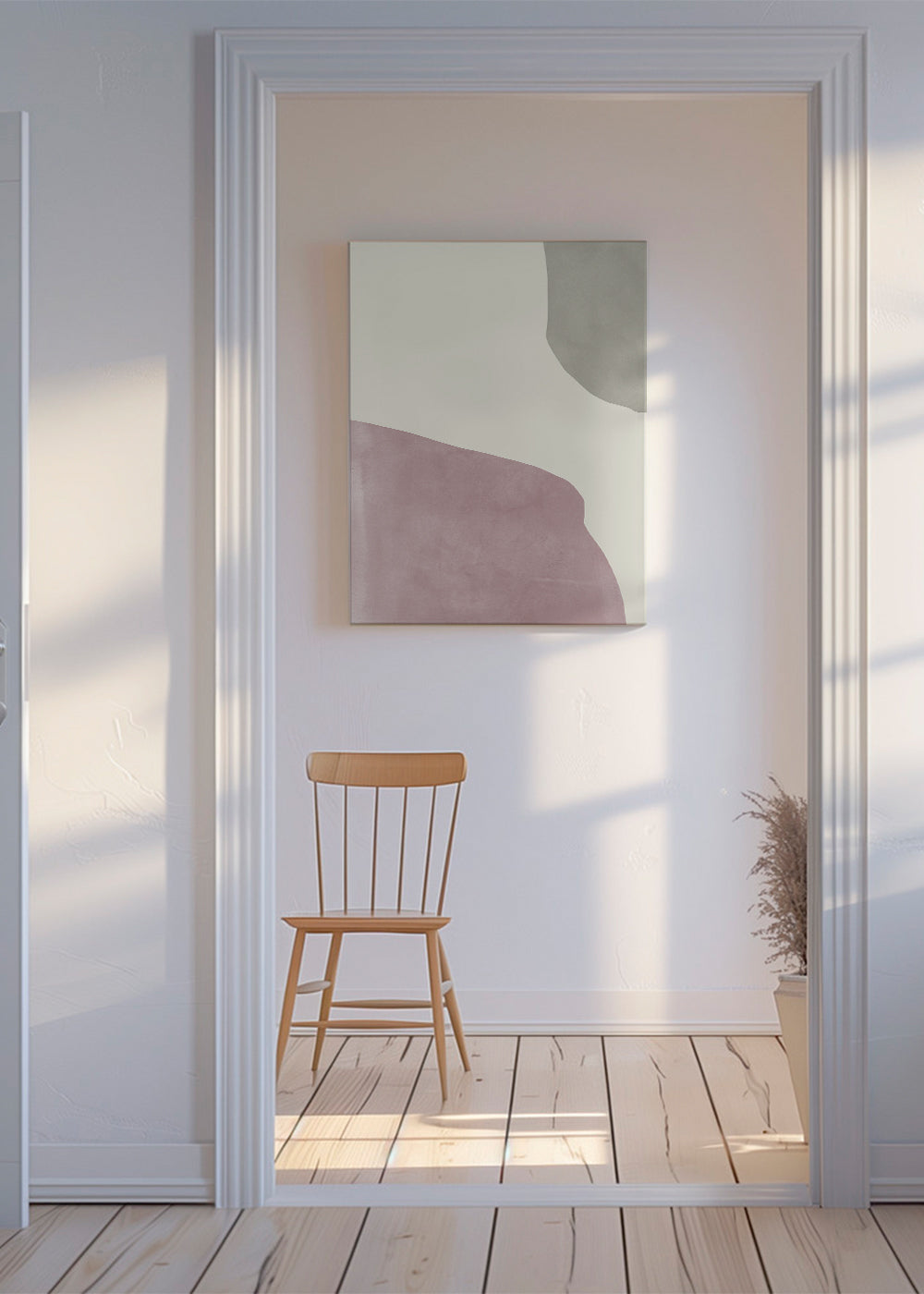 Abstracte kunst in pastelroze en zachtgrijs