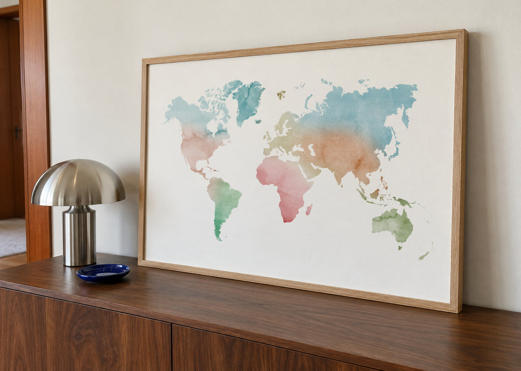 Watercolor World Map - Pastel colors - Framed poster in an interior