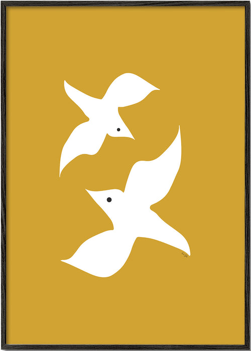 Minimalistische vogelkunst mosterd