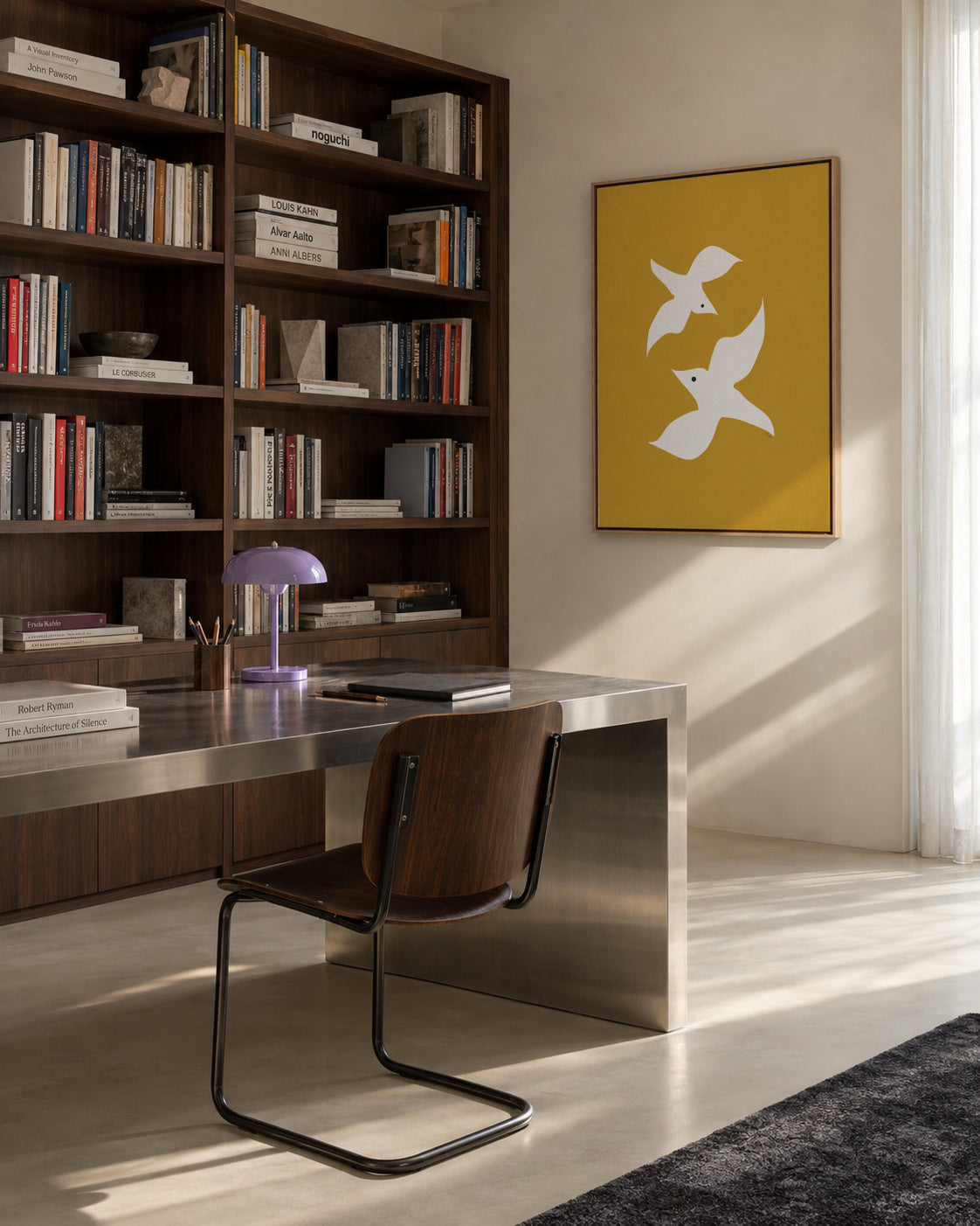 Love birds in mustard - Framed canvas in an interior