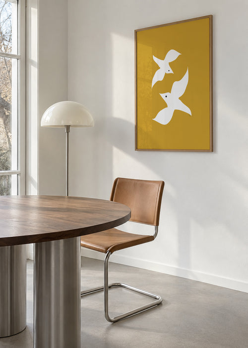 Love birds in mustard - Framed poster in an interior