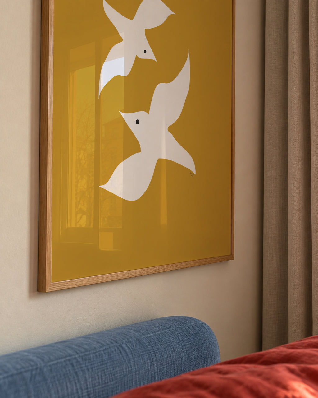 Love birds in mustard - Framed poster detail