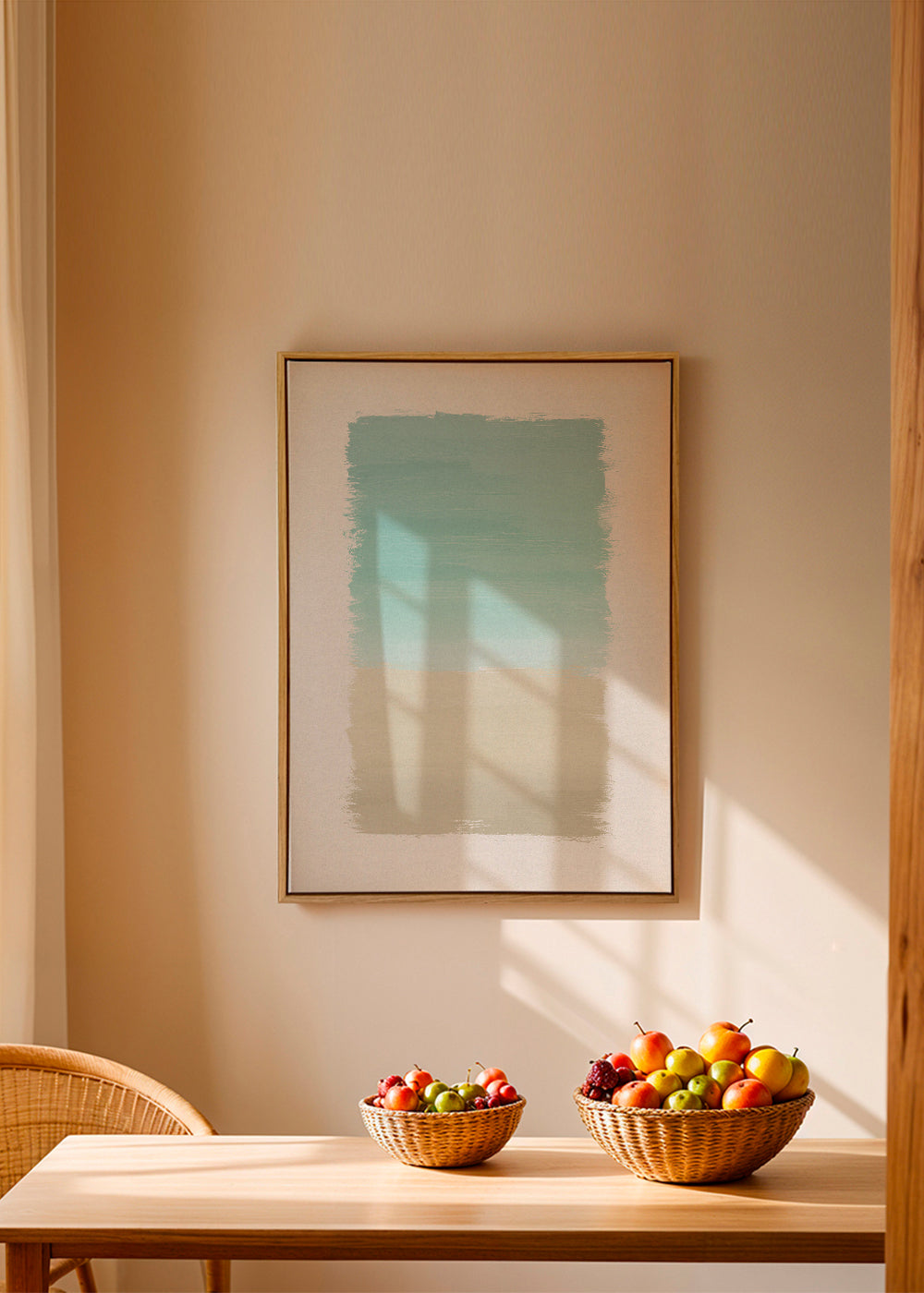 Abstract kunstwerk turquoise en beige