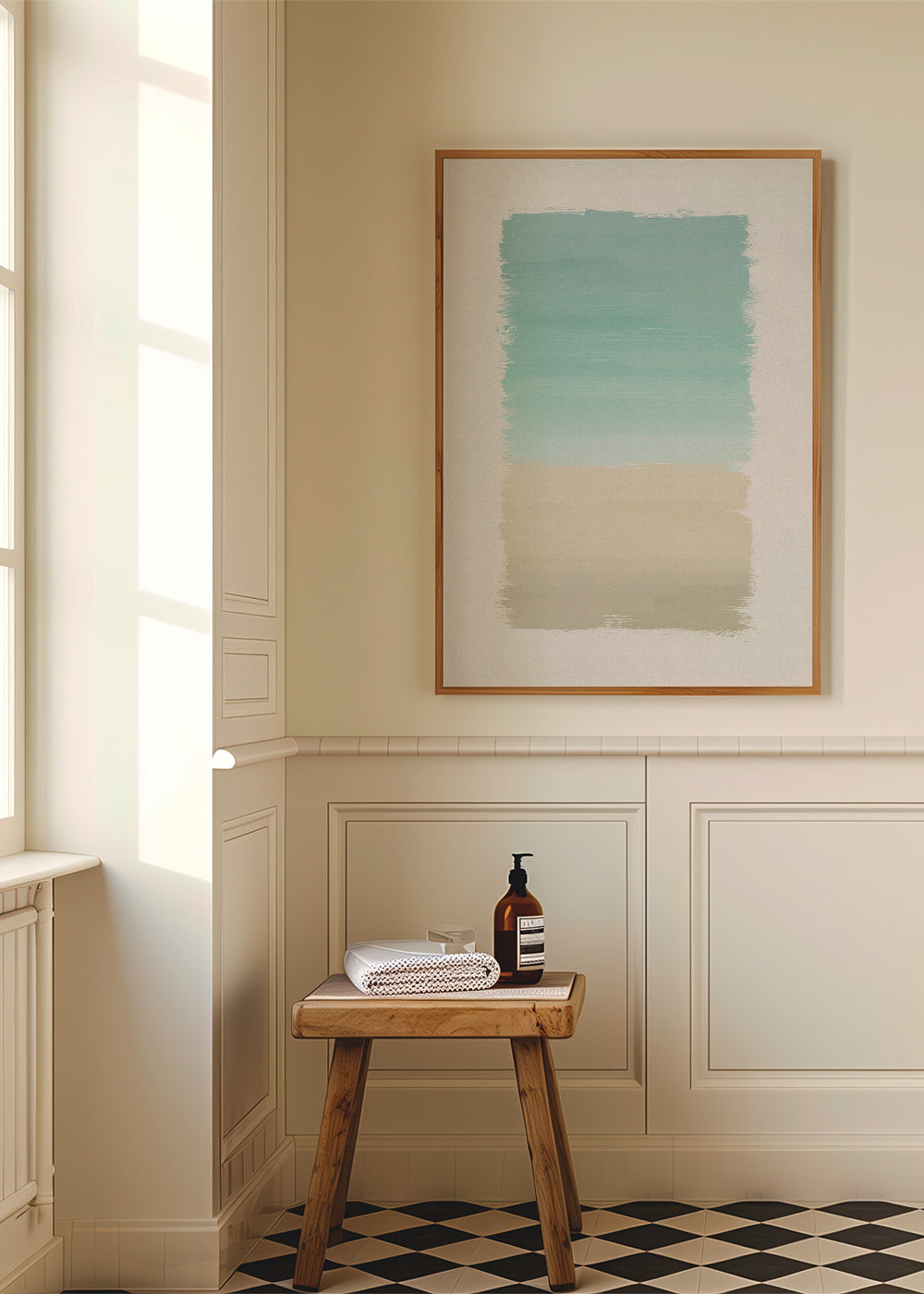 Abstract kunstwerk turquoise en beige