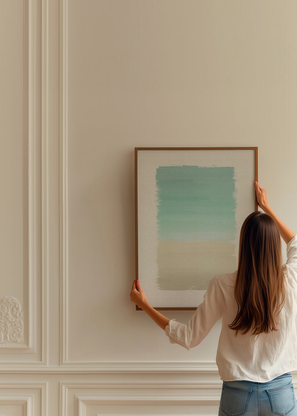 Abstract kunstwerk turquoise en beige
