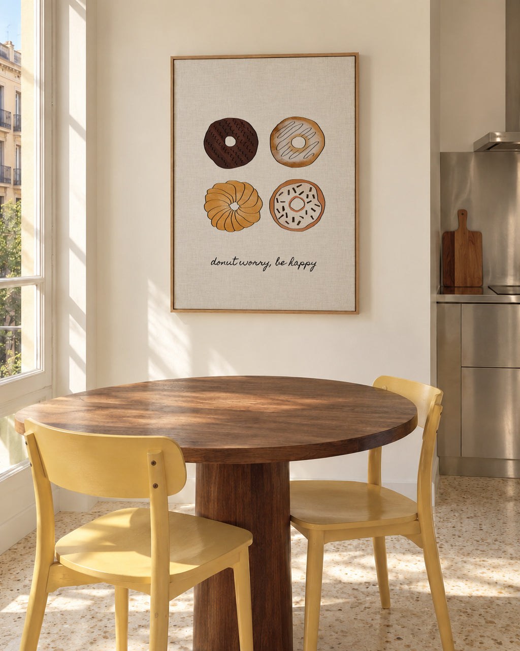 Donut worry. Be happy - Framed canvas in an interior