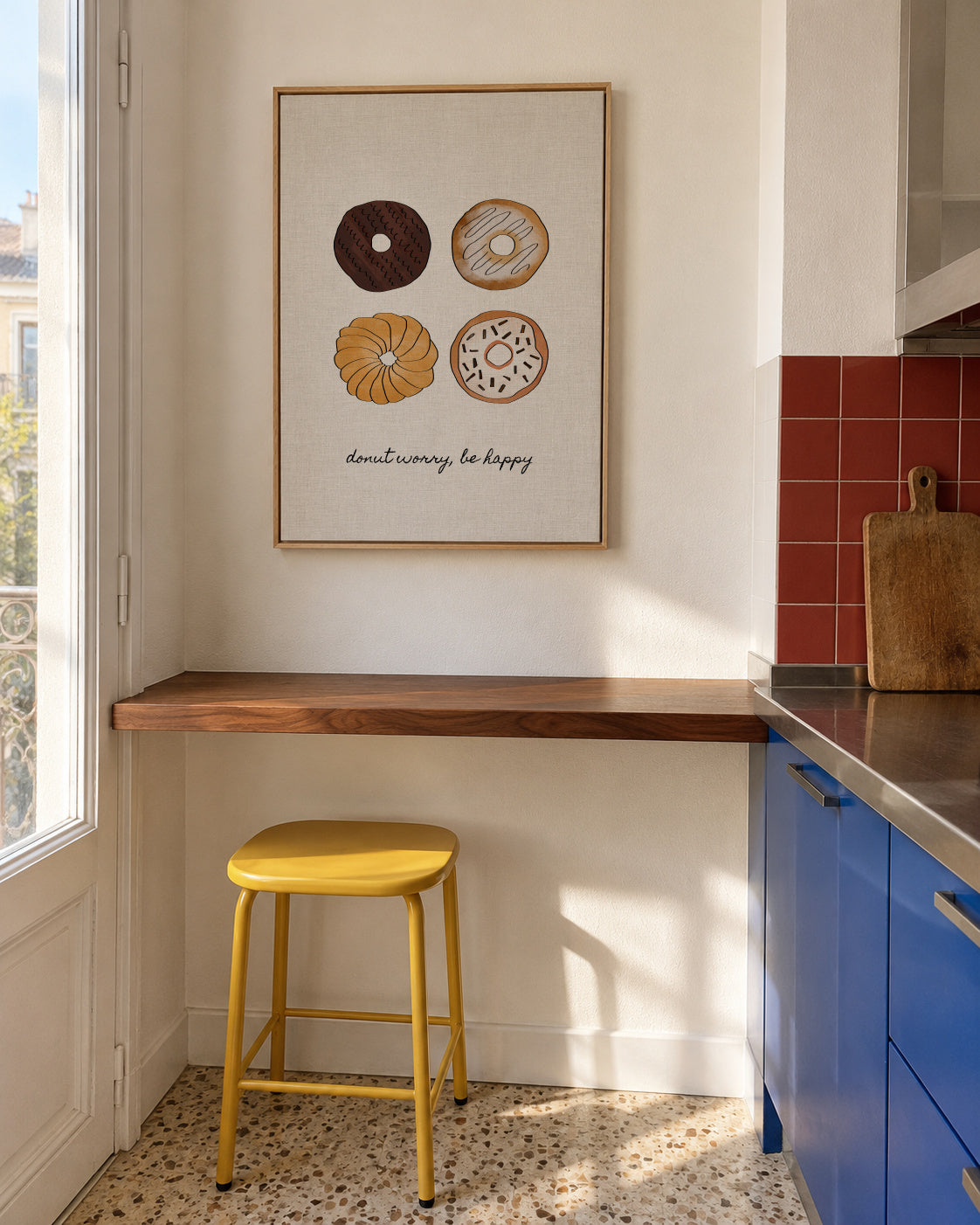 Donut worry. Be happy - Framed canvas in an interior