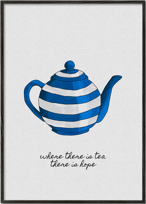 Keuken kunst: gestreepte blauwe theepot met quote
