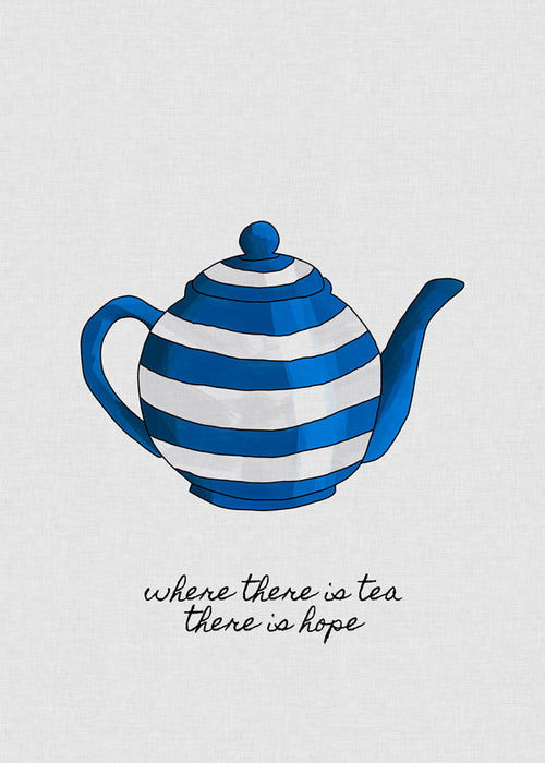 Keuken kunst: gestreepte blauwe theepot met quote