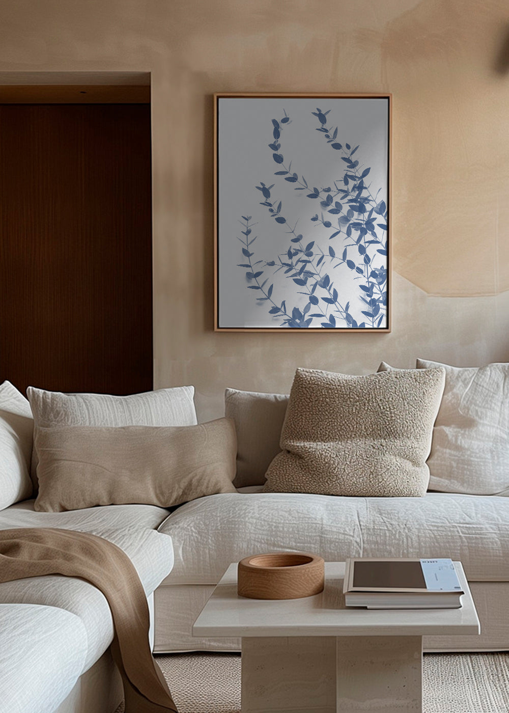 Botanische print blauwe bladeren op lichte achtergrond