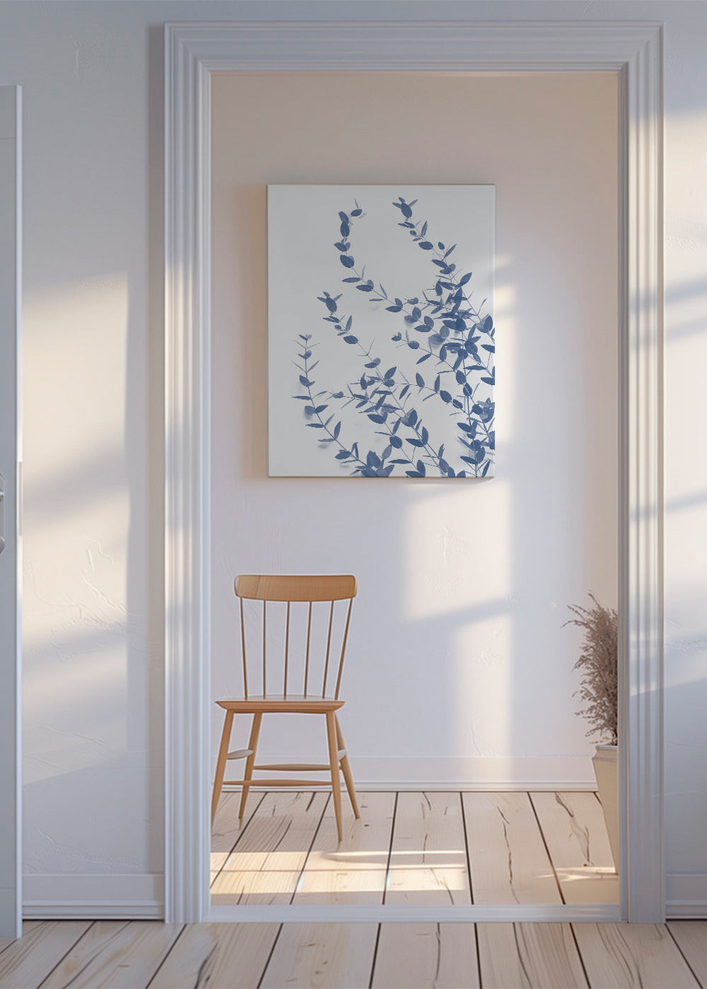 Botanische print blauwe bladeren op lichte achtergrond