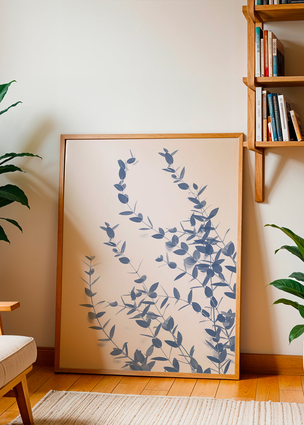 Botanische print blauwe bladeren op lichte achtergrond