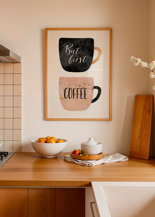 Keuken kunst: geïllustreerde koffiekopjes met tekst