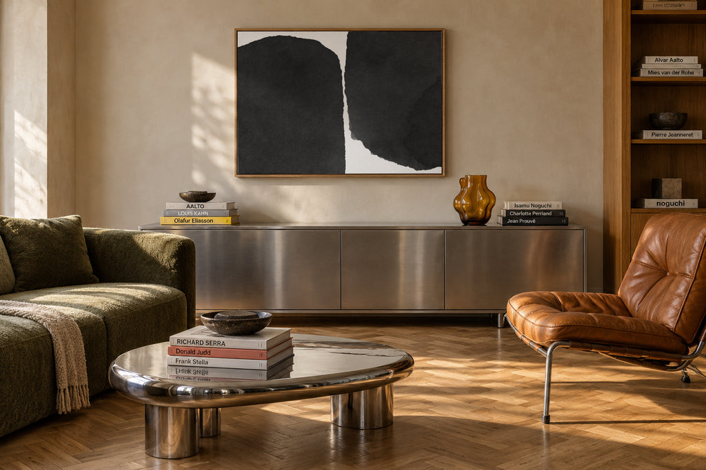 Minimal black and white abstract 01 - Framed canvas in an interior