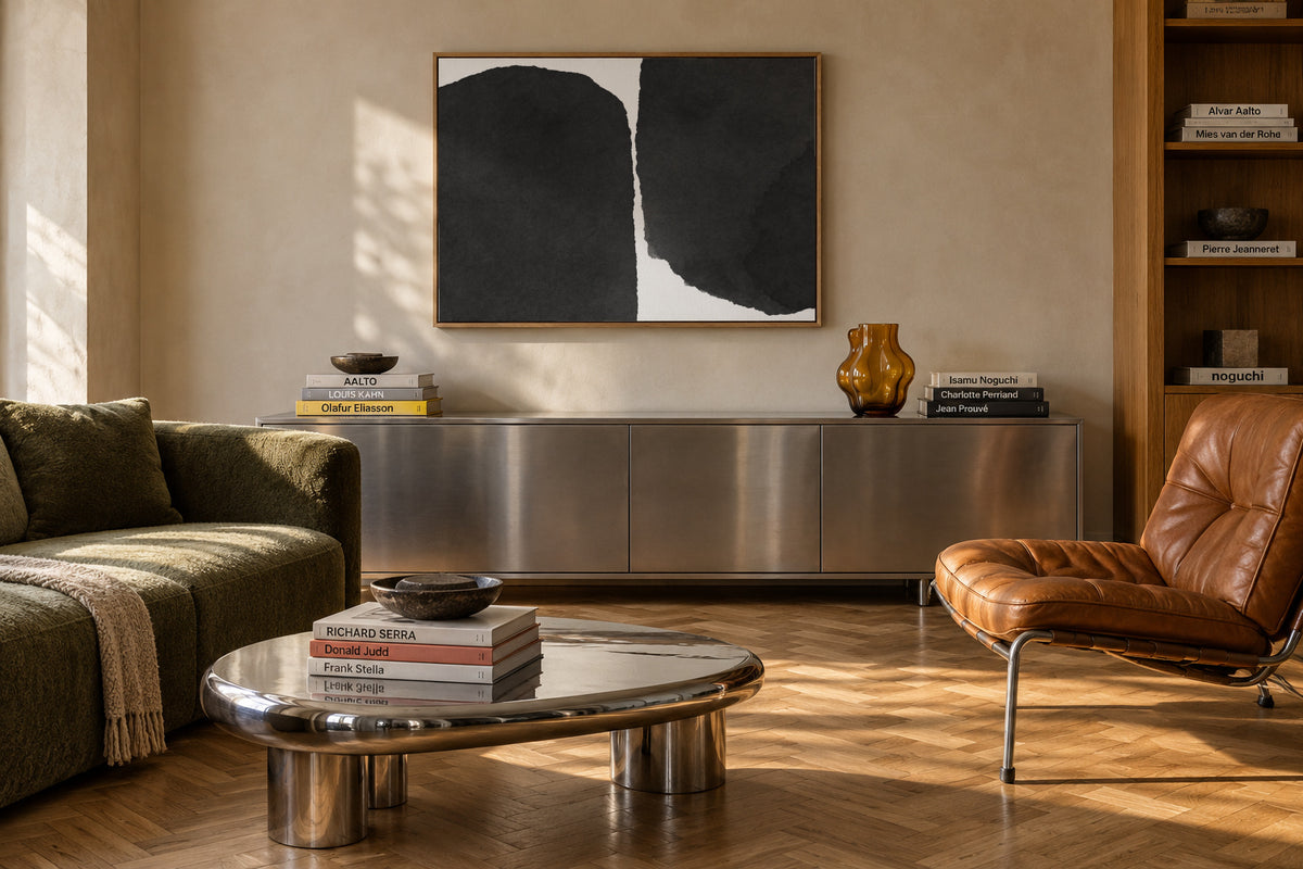Minimal black and white abstract 01 - Framed canvas in an interior