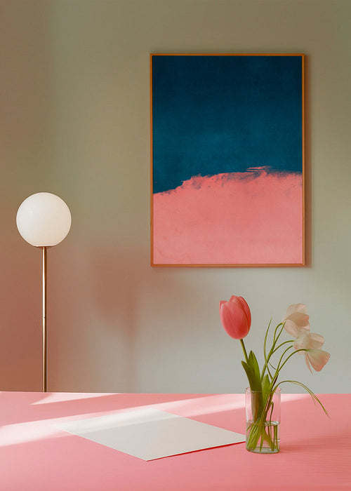 Minimalistisch landschap roze en blauw