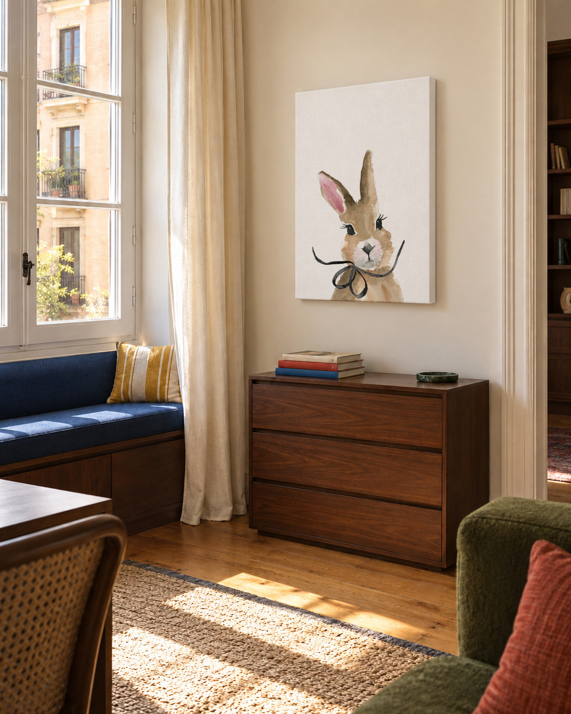 Bunny with bow - Unframed canvas in an interior