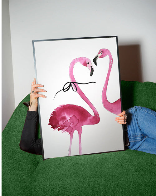 Kunstwerk roze flamingo paar aquarel