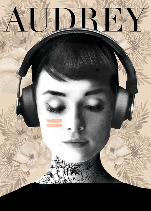 Vintage poster Audrey met koptelefoon