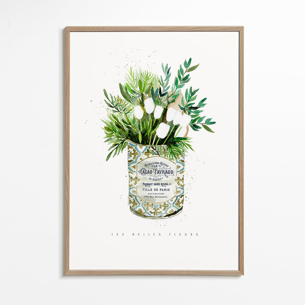 Botanische print witte tulpen in vintage blik