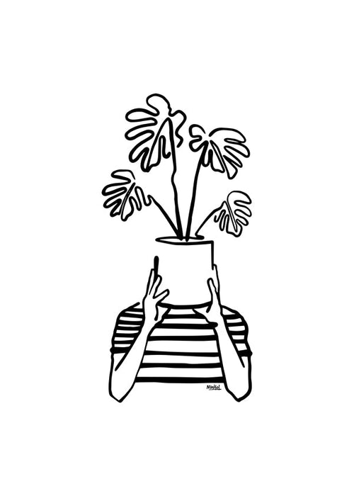 Botanische poster met pot die gezicht bedekt