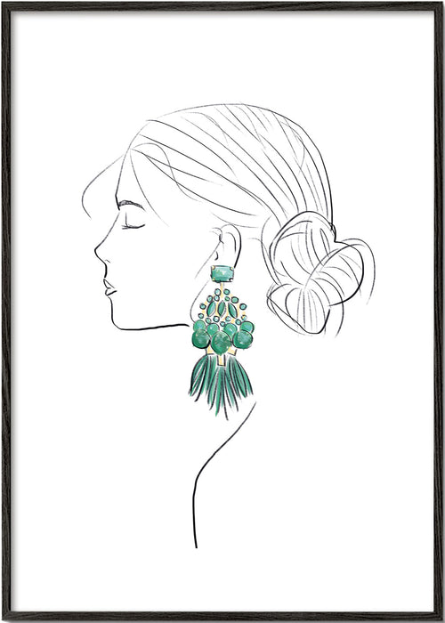 Illustratie profiel vrouw met groene statement oorbellen