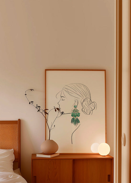 Illustratie profiel vrouw met groene statement oorbellen