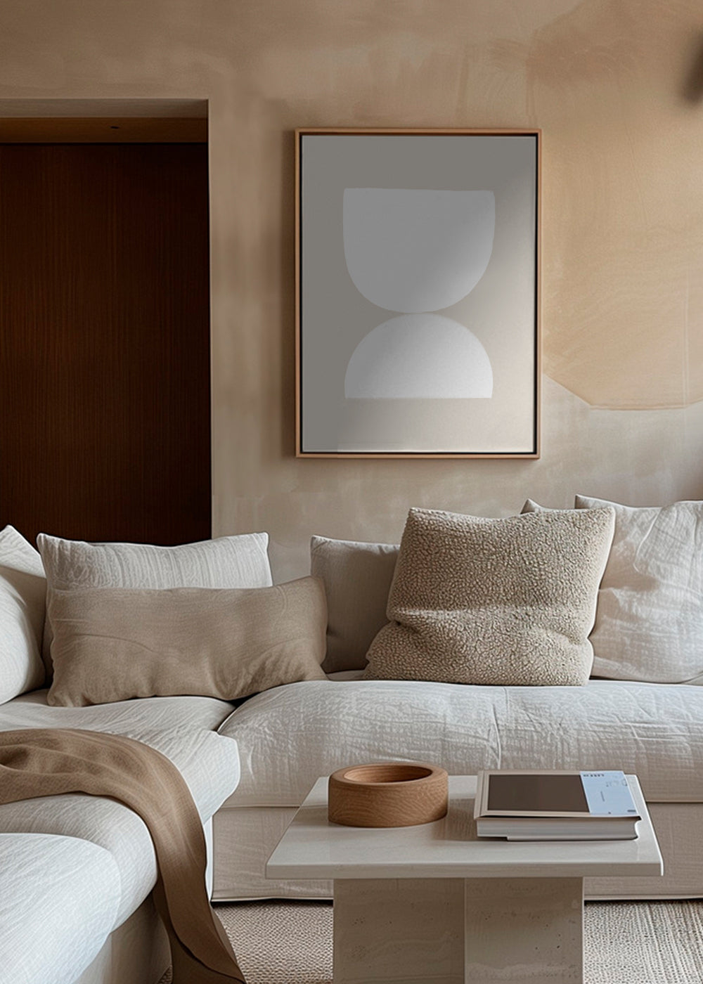 Minimalistische poster twee witte vormen op beige