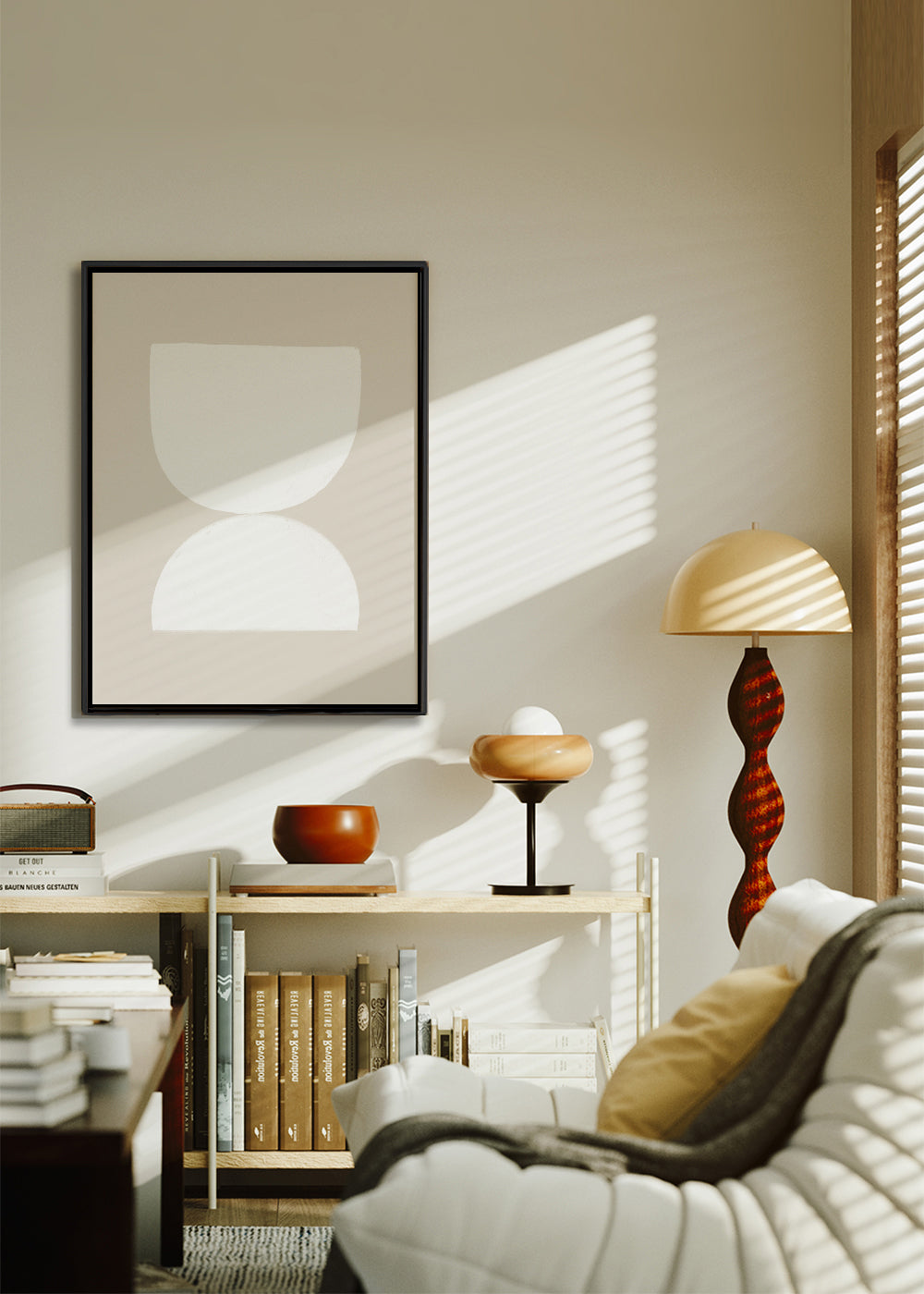 Minimalistische poster twee witte vormen op beige