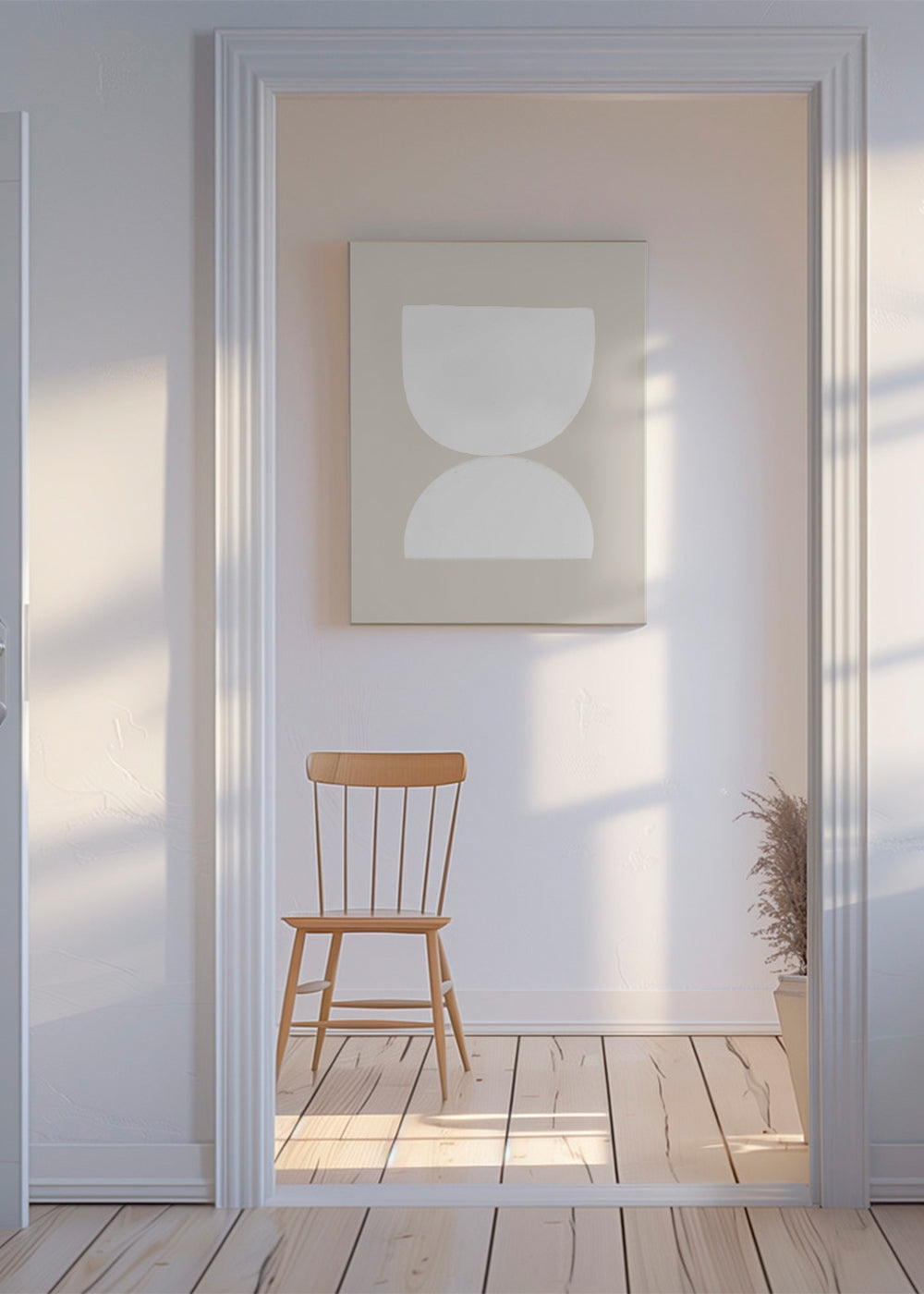 Minimalistische poster twee witte vormen op beige
