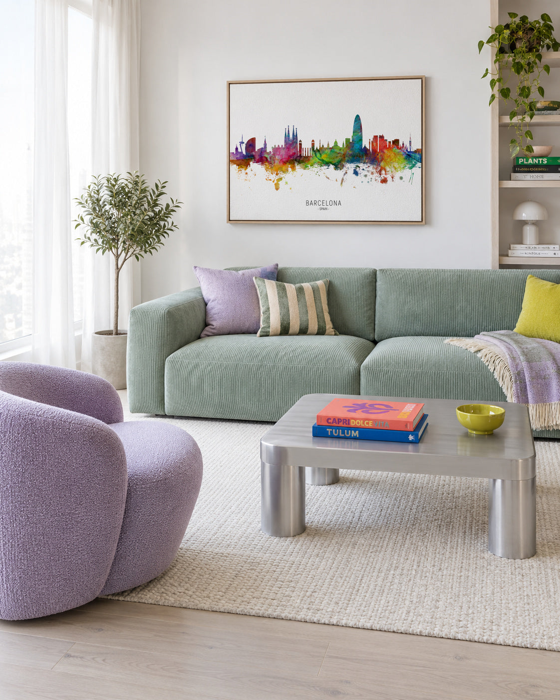 Barcelona Skyline multicolor - Framed canvas in an interior