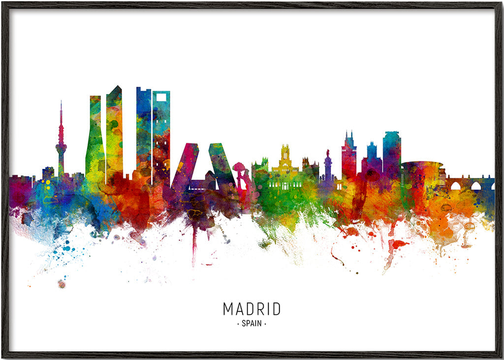Reisposter: Madrid skyline aquarel in felle kleuren