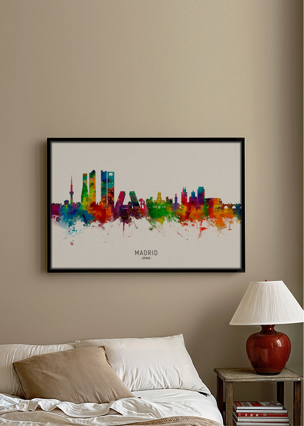 Reisposter: Madrid skyline aquarel in felle kleuren