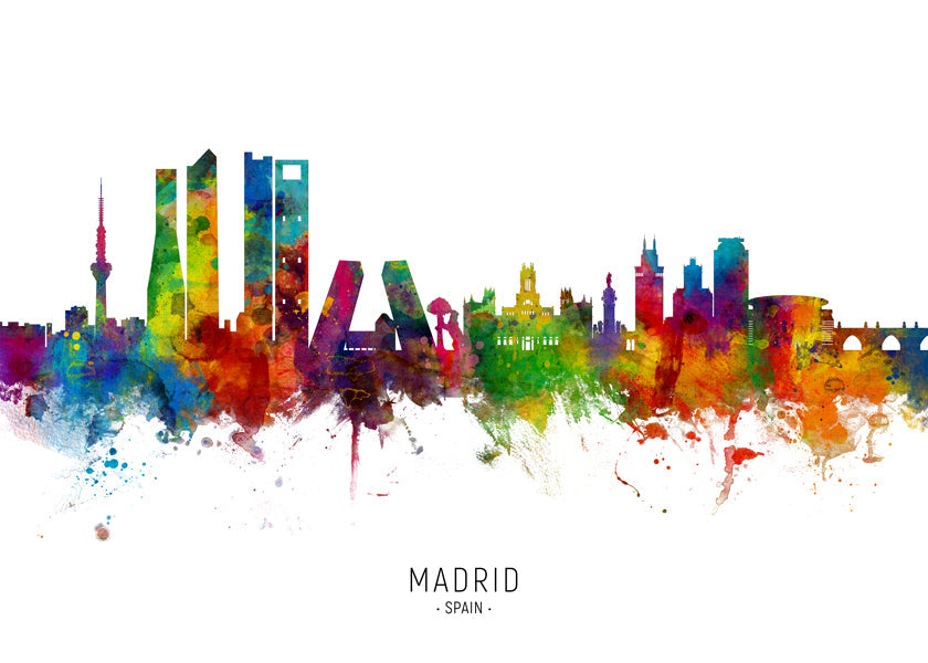 Reisposter: Madrid skyline aquarel in felle kleuren