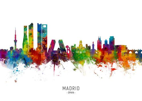 Reisposter: Madrid skyline aquarel in felle kleuren
