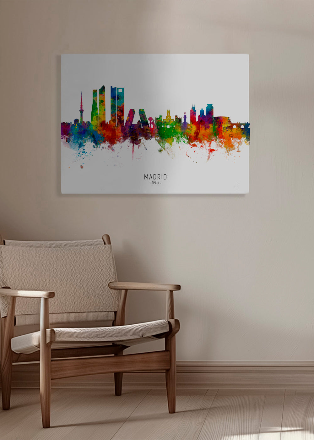 Reisposter: Madrid skyline aquarel in felle kleuren