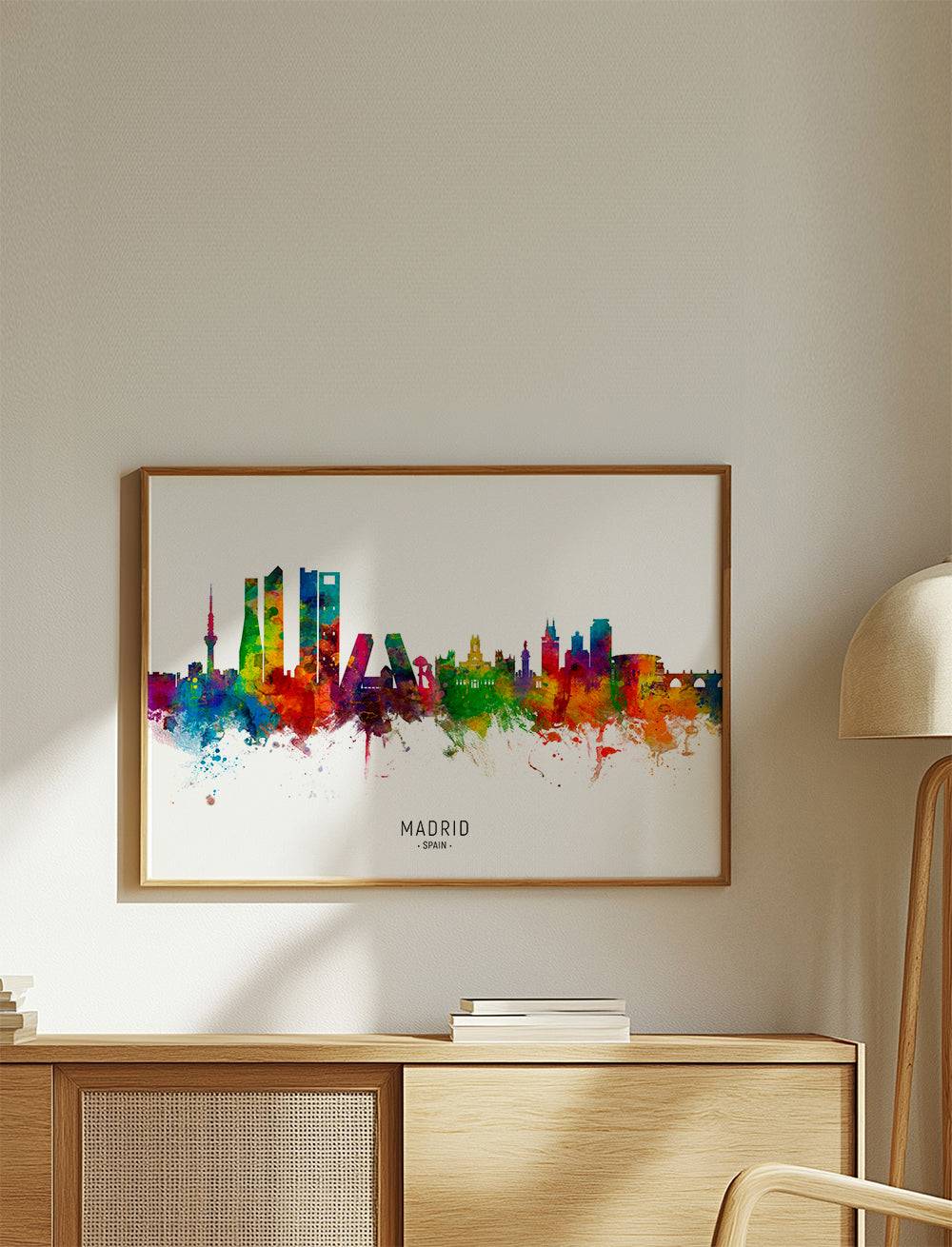 Reisposter: Madrid skyline aquarel in felle kleuren