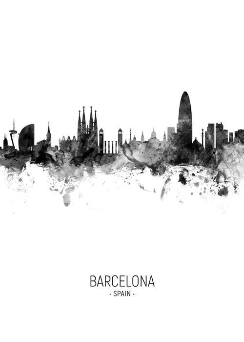 Stadskunst: Barcelona skyline in monochrome inkt
