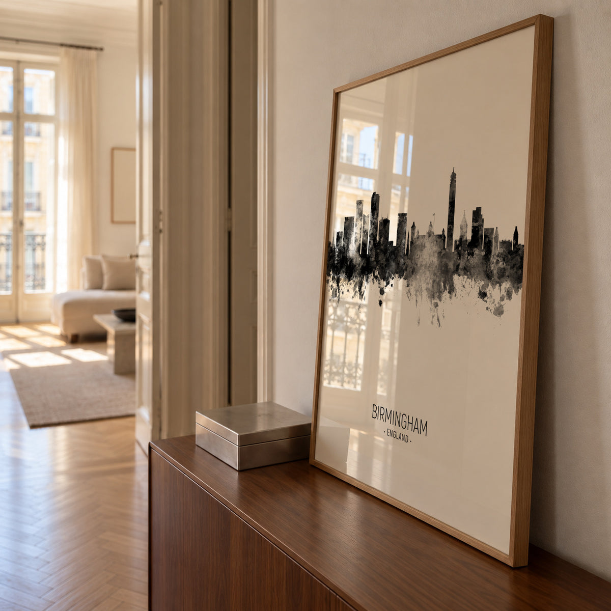 Birmingham Skyline en blanco y negro - Framed poster in an interior