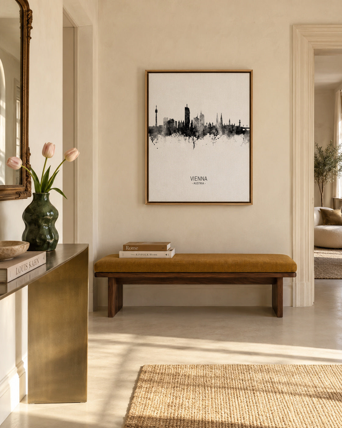 Vienna Skyline en blanco y negro - Framed canvas in an interior