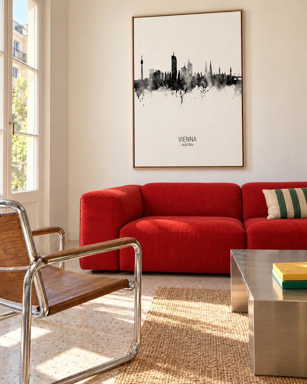 Vienna Skyline en blanco y negro - Framed canvas in an interior
