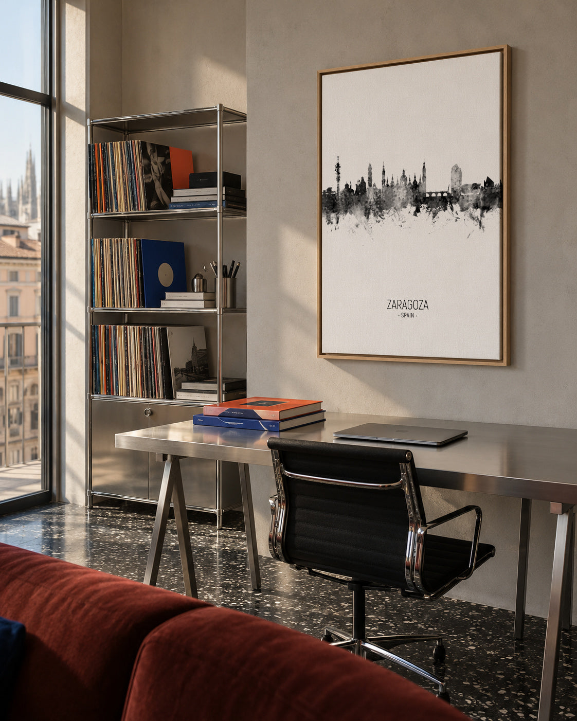 Zaragoza Skyline en blanco y negro - Framed canvas in an interior