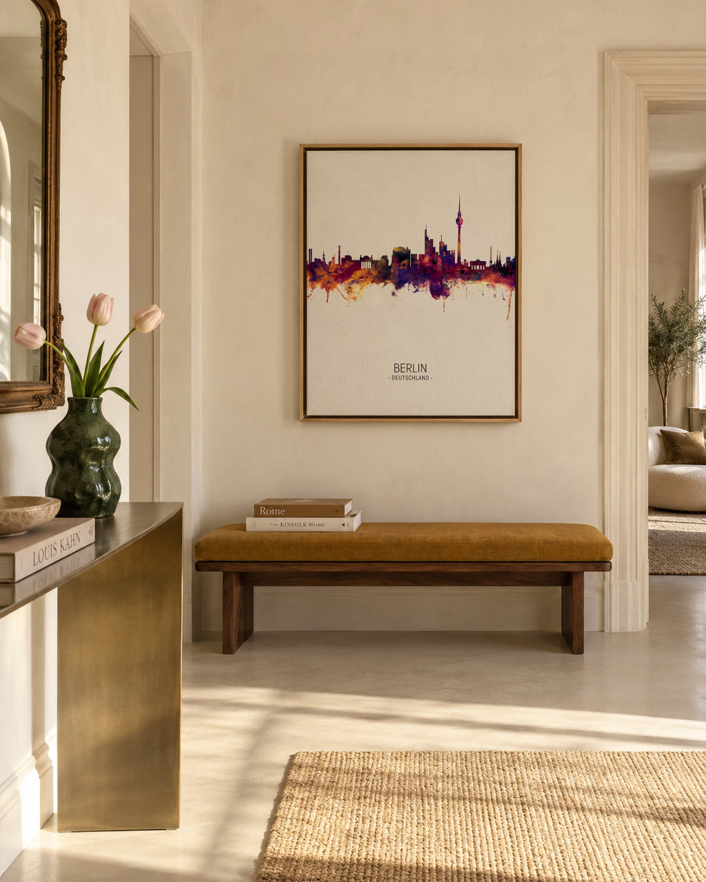 Berlin Skyline en beige - Framed canvas in an interior