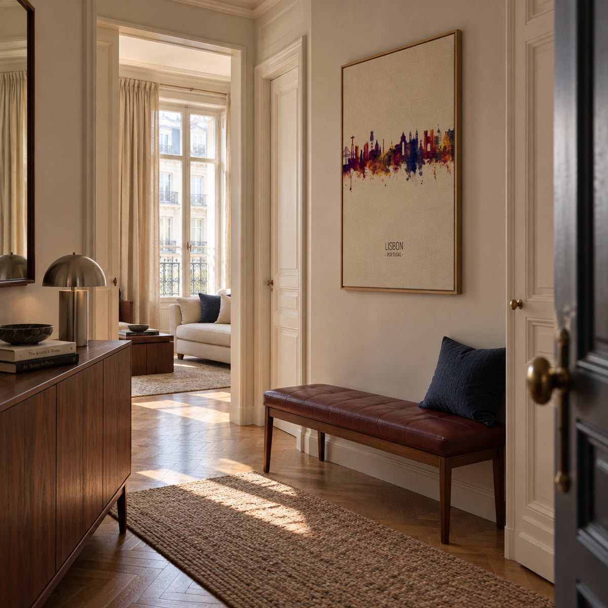 Lisbon Skyline en beige - Framed canvas in an interior