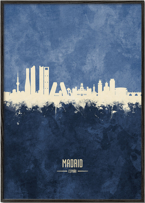 Travel poster Madrid skyline in blauw